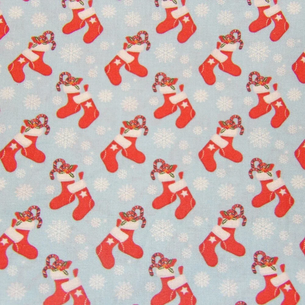 Cotton Fabric Red Christmas Stockings on Blue One Yard